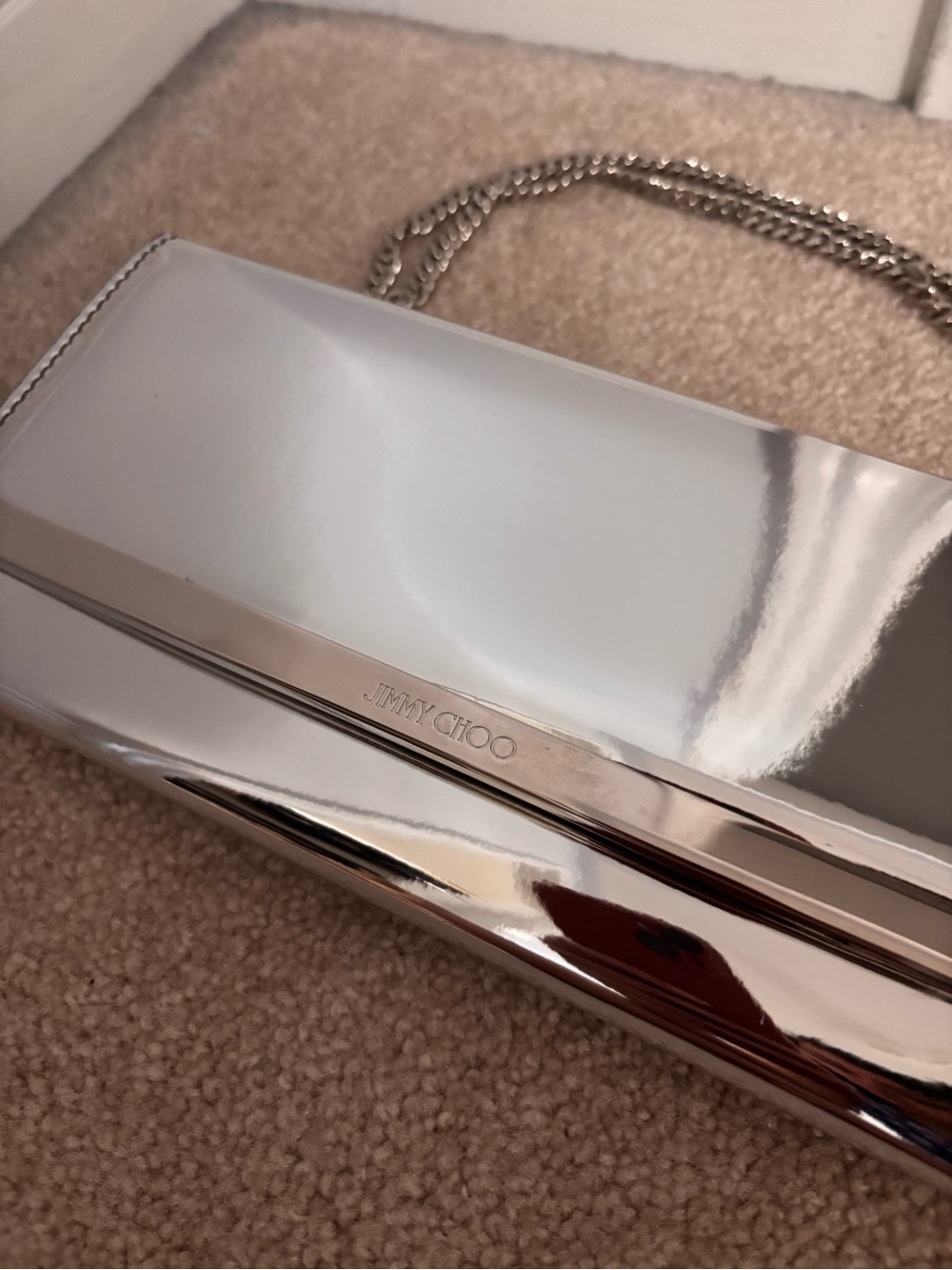 Jimmy Choo Silver Mirror Metallic Chain Clutch